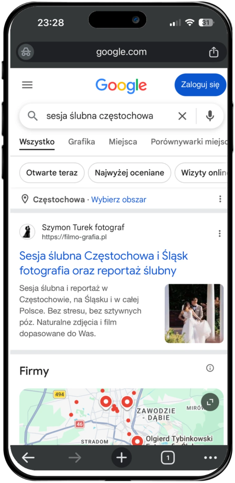Pierwsza pozycja lokalnego fotografa na frazę sesja ślubna Częstochowa